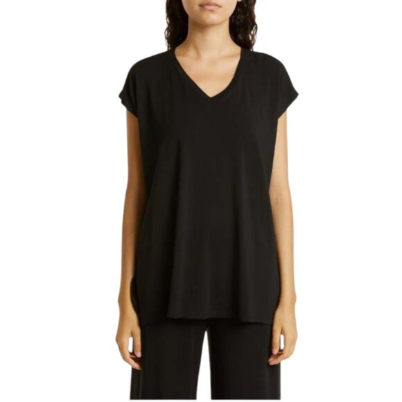 Eileen Fisher Black Fine Jersey V-Neck Long Boxy Top Tee T-Shirt Medium NWT $98 - Picture 1 of 13